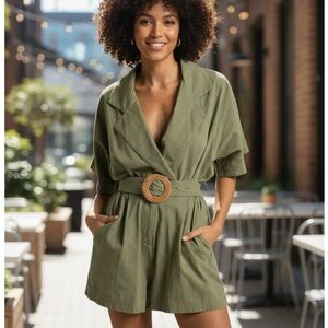 Showpo. Thaisa Playsuit - Short Sleeve Collared Belted Playsuit in Khaki, NWT